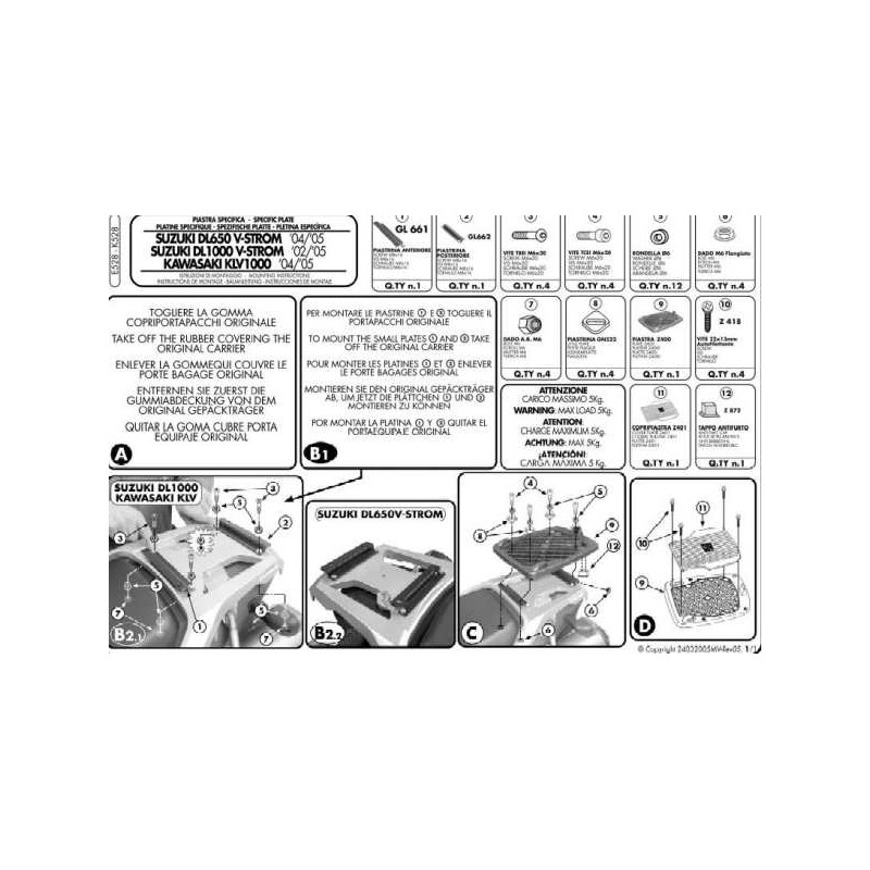 Stelaż kufrów centralnych do Suzuki DL 650 V-Strom, DL 1000 V-Strom oraz Kawasaki KLV 1000