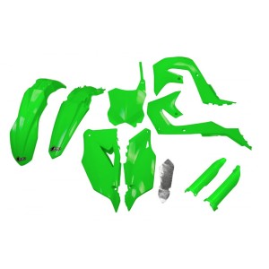 UFO KOMPLET PLASTIKÓW (FULL KIT) Z OSŁONAMI TELESKOPÓW KAWASAKI KXF 250 '21-24, KXF 450 '19-23 ZIELONY