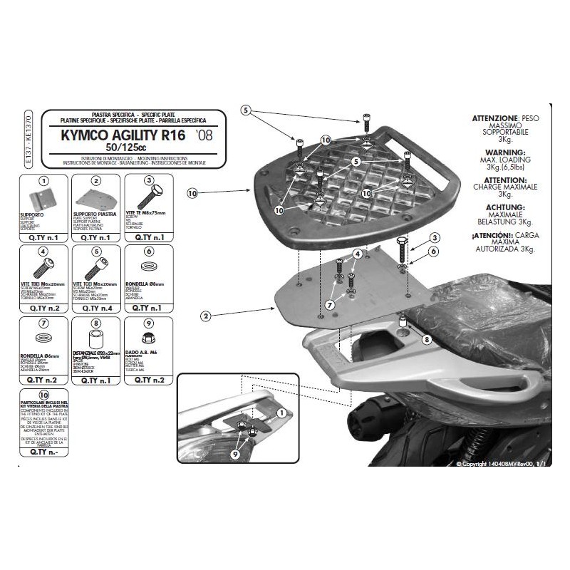 Stelaż kufru centralnego Kappa do Kymco Agility 50/125/150/200 R16 (08-13)