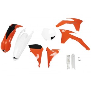 Komplet plastików UFO Full Kit z osłonami teleskopów KTM SXF '11-'12, SX '12 OEM (pomarańczowy/biały)