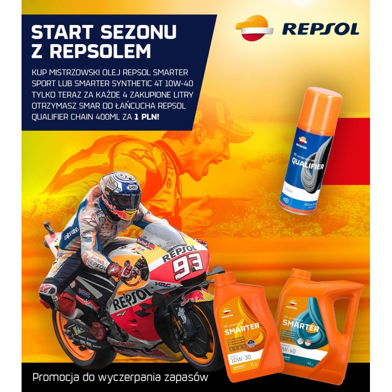 Promocja Repsol Olej Silnikowy 4T Smarter Synthetic 10W40 1L + Smar do Łańcucha Qualifier Chain 400ml
