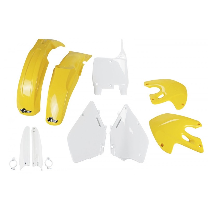 UFO Komplet Plastików (Full Kit) z Osłonami Teleskopów Suzuki RM 125/250 '99-'00 Biały/Żółty