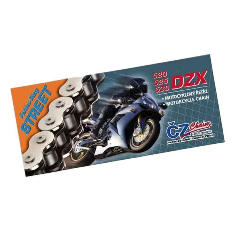 Łańcuch napędowy 525 DZX (124 ogniwa) Active Ring (X-Ring) Chrom do 1000 ccm + zakuwka drążona