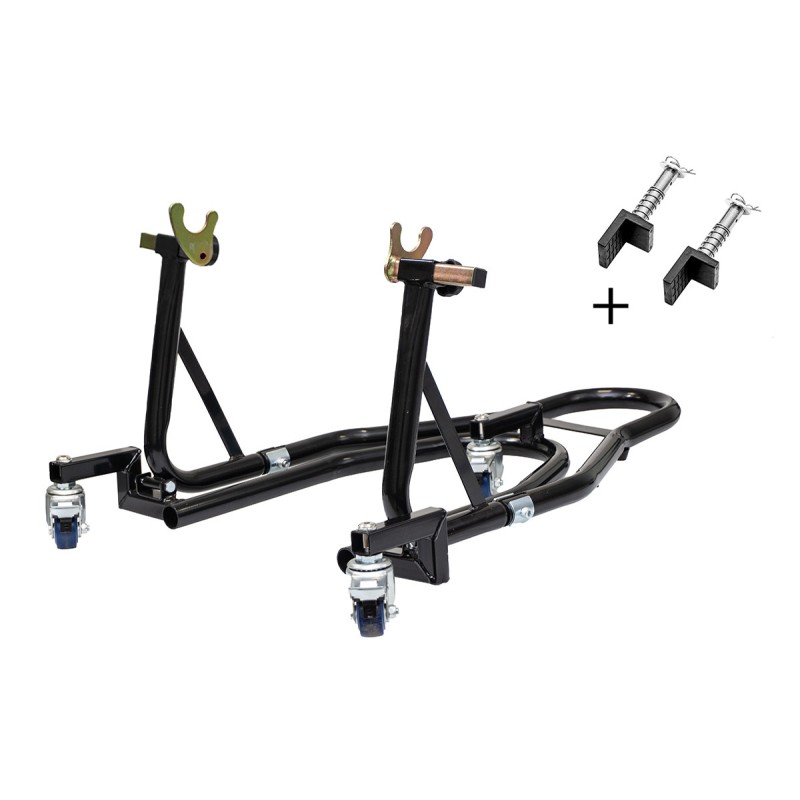 BIKETEC PRO PODNOŚNIK / STOJAK MOTOCYKLOWY POD TYLNE KOŁO TYP-V I TYP-L (POD ROLKI I WAHACZ) NA WÓZKU KOLOR CZARNY (MOŻLIWOŚC ŁA