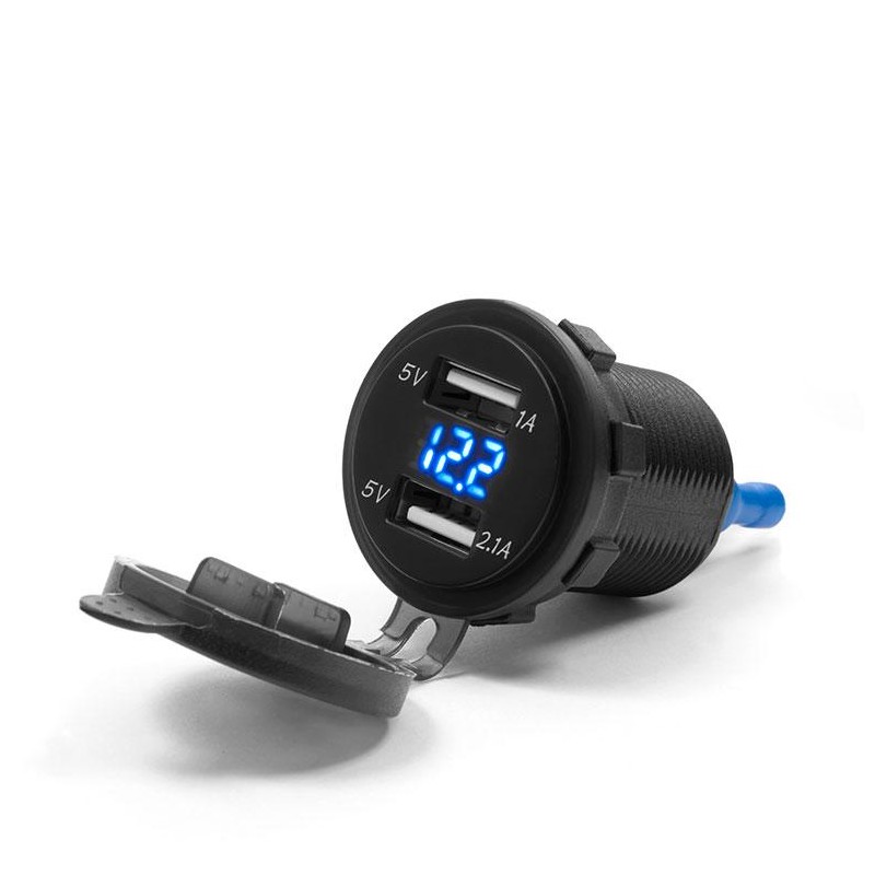 BIKETEC MOTOCYKLOWE PODWÓJNE GNIAZDO Z PODŚWIETLENIEM I WOLTOMIERZEM MONTAŻ NA POWIERZCHNIE PŁASKĄ (OWIEWKA, KUFER) LUB NA KIERO