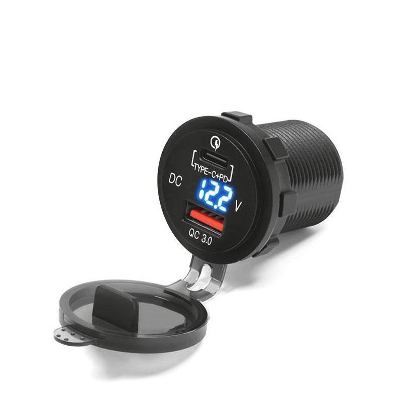 BIKETEC MOTOCYKLOWE PODWÓJNE GNIAZDO USB QUICK CHARGE USB TYP-C Z PODŚWIETLENIEM I WOLTOMIERZEM MONTAŻ NA POWIERZCHNIE PŁASKĄ (O