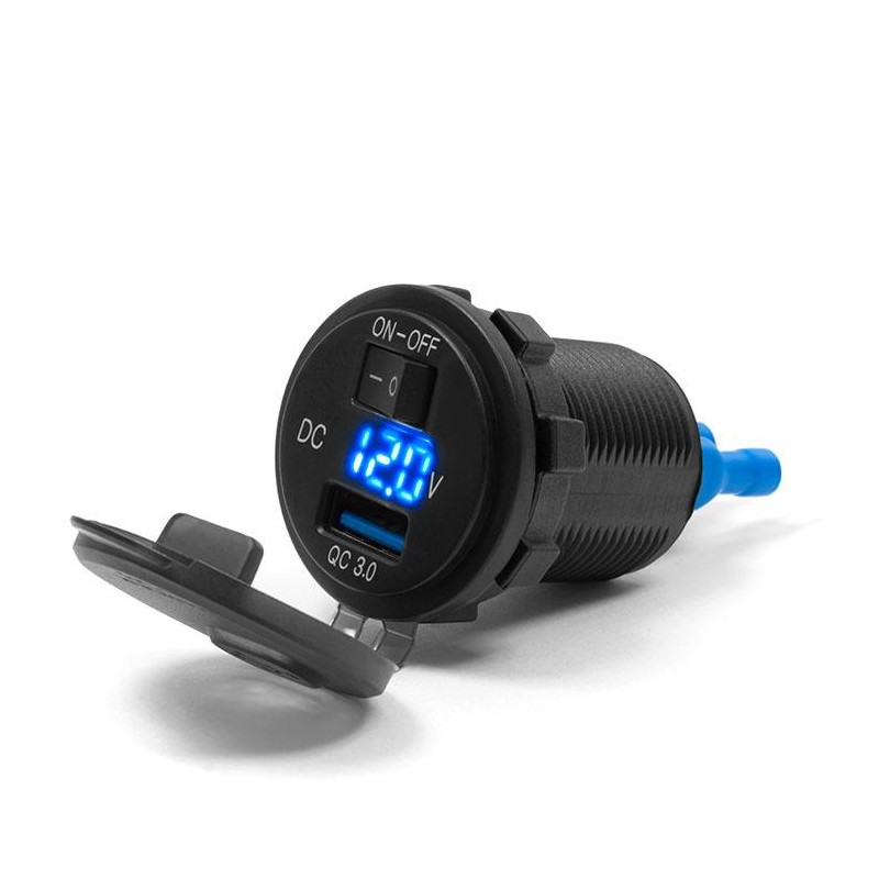 BIKETEC MOTOCYKLOWE GNIAZDO USB QUICK CHARGE Z WOLTOMIERZEM I WYŁĄCZNIKIEM MONTAŻ NA POWIERZCHNIE PŁASKĄ (OWIEWKA, KUFER) LUB NA