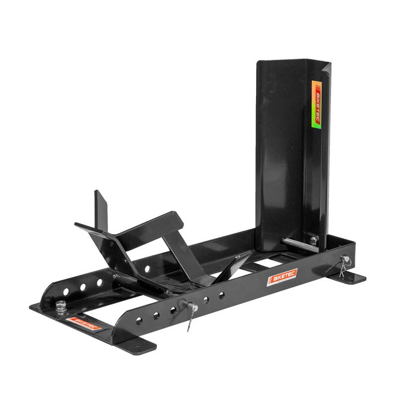 BIKETEC UNIWERSALNY STOJAK BEZ RAMION Z UCHWYTEM PRZEDNIEGO KOŁA Z KOŁYSKĄ DO TRANSPORTU MOTOCYKLA WHEEL CHOCK KOLOR CZARNY STAL