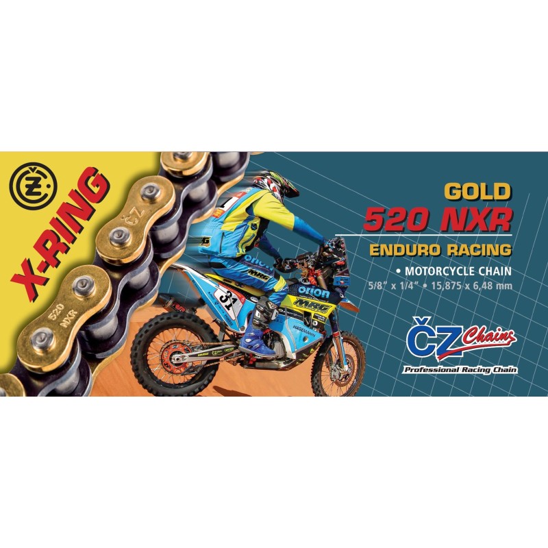 CZ 2025/12 ŁAŃCUCH NAPĘDOWY 520 NXR (114 OGNIW) ACTIVE RING (X-RING) ZŁOTY ENDURO RACING DO 600 CCM (WĄSKI 15,875 X 6,48MM) (35,