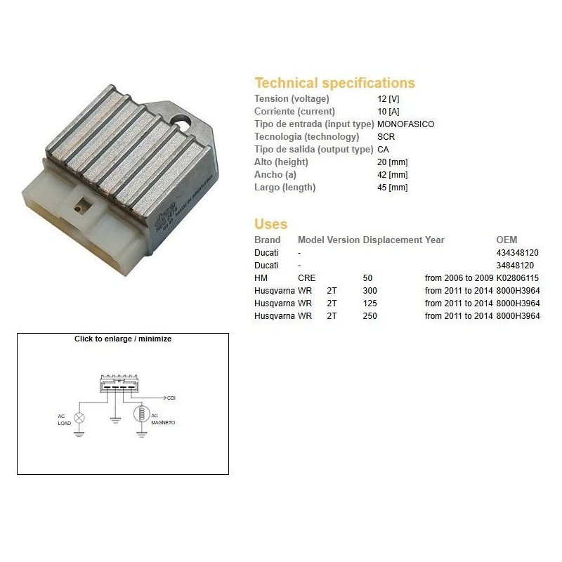 DZE REGULATOR NAPIĘCIA HUSQVARNA WR 125/250/300 \'11-\'14 (OEM 8000H3964) (12A)