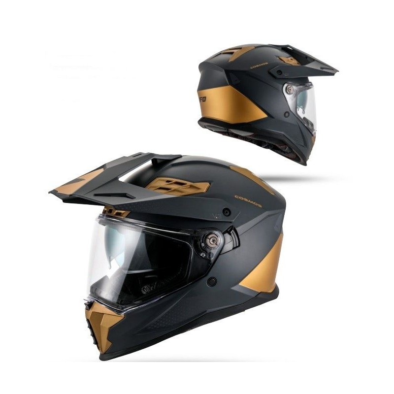 UFO 2026/01 KASK COSMOS OFFROAD / DUAL / TOURER / CROSSOVER Z SZYBĄ, DASZKIEM I BLENDĄ PRZECIWSŁONECZNĄ KOLOR CZARNY/ZŁOTY ROZMI