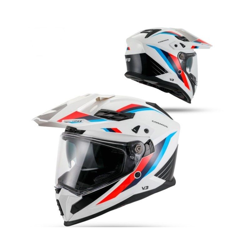 UFO 2026/01 KASK COSMOS OFFROAD / DUAL / TOURER / CROSSOVER Z SZYBĄ, DASZKIEM I BLENDĄ PRZECIWSŁONECZNĄ KOLOR BIAŁY/CZERWONY ROZ