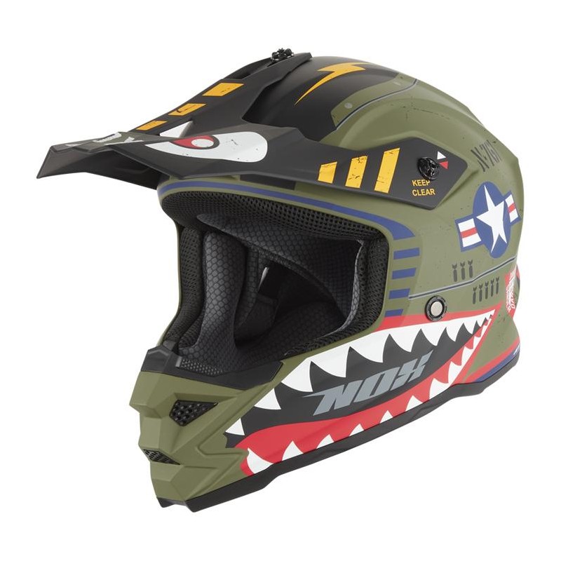 nox kask cross / offroad n761 fighter kid / junior (dziecięcy) kolor zielony (khaki) mat/biały/czarny rozmiar xxl (zapięcie mikr