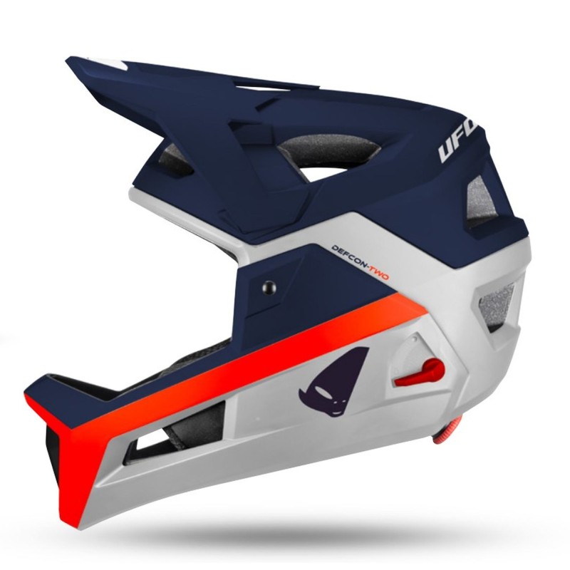 ufo 2026/04 kask rowerowy mtb / e-bike defcon-two z wypinaną szczęką kolor biały/niebieski/pomarańczowy rozmiar xs/s/m (he15002c