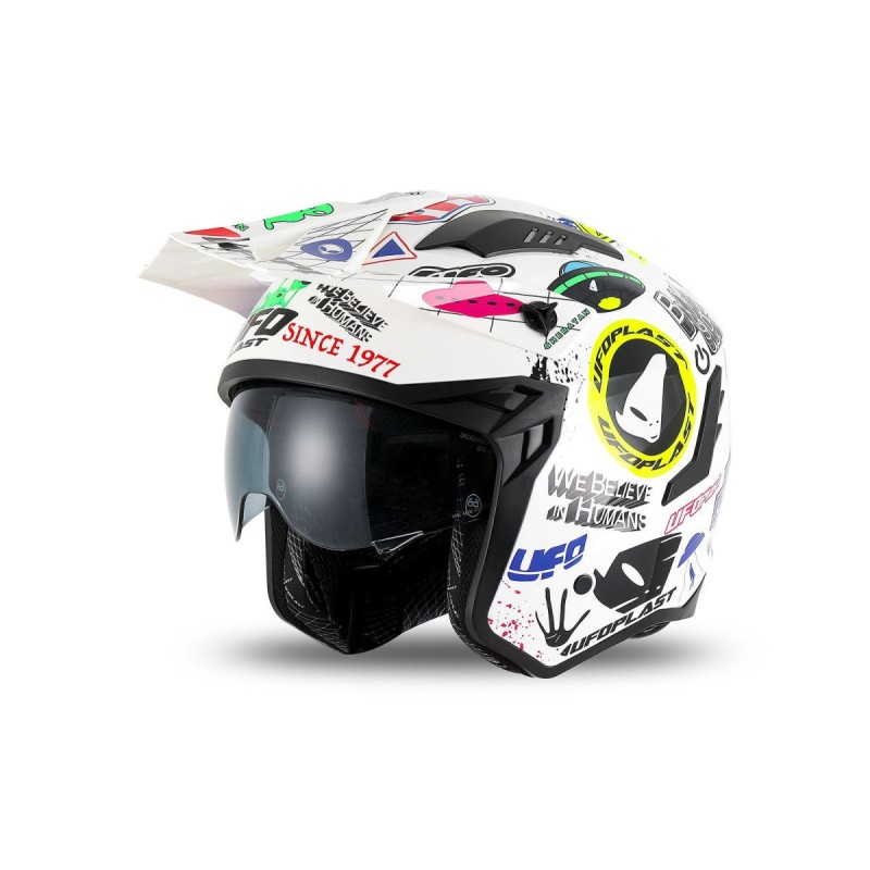 UFO KASK SHERATAN JET / TRIAL Z BLENDĄ PRZECIWSŁONECZNĄ KOLOR BIAŁY / MIX APLIKACJI UFO ROZMIAR L ( ECE 22R06 ) - KOLEKCJA 2025