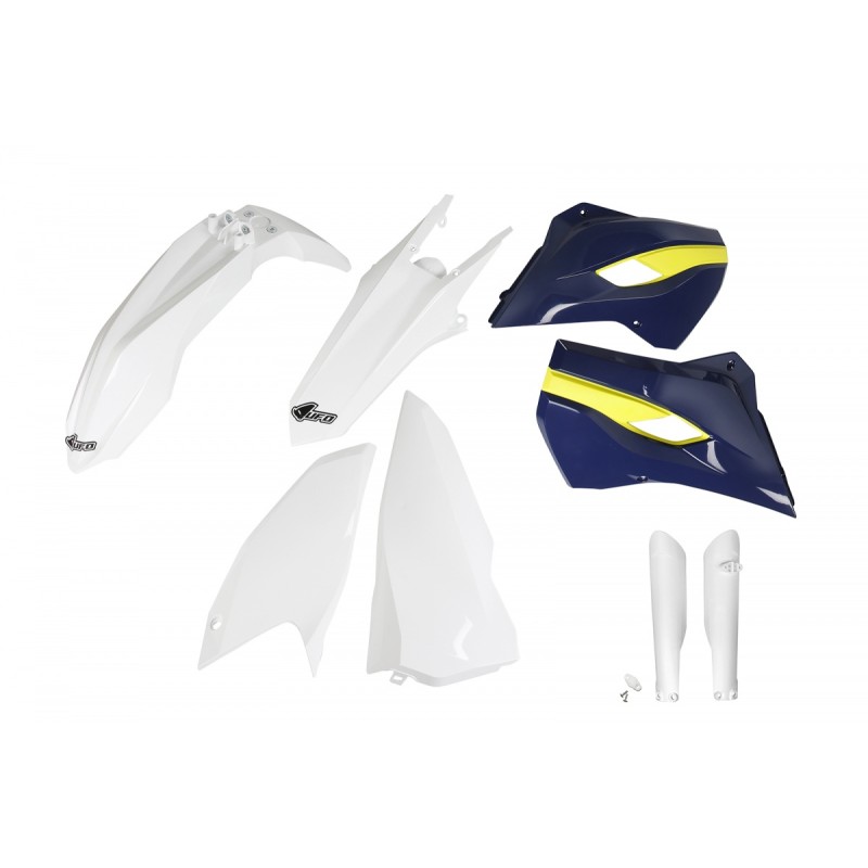 UFO KOMPLET PLASTIKÓW (FULL KIT) Z OSŁONAMI TELESKOPÓW (AMORTYZATORÓW) HUSQVARNA TE/FE 125/250/300/350/450 \'15-\'16 KOLOR OEM \