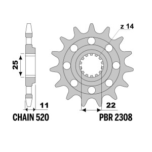PBR ZĘBATKA PRZEDNIA 2308 14 SWM SM 500R, SM 650R, KOVE 450 RALLY \'24-, DUCATI 450 MX \'26-, (ŁAŃC. 520) (MADE IN ITALY)