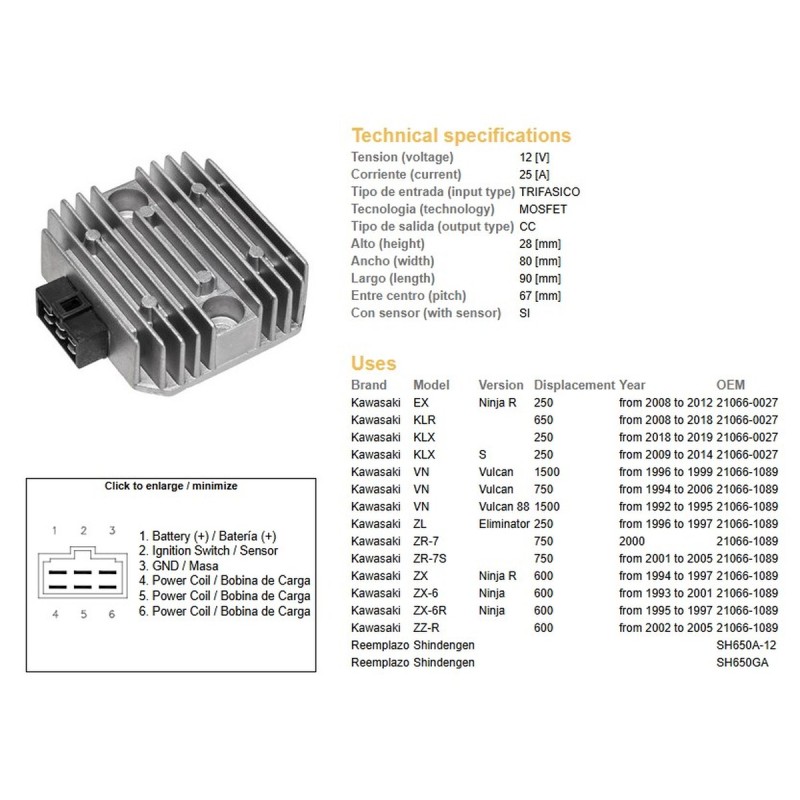 Regulator napięcia do Kawasaki VN 750, VN 1500, ZX 6, ZX-6R, ZR-7