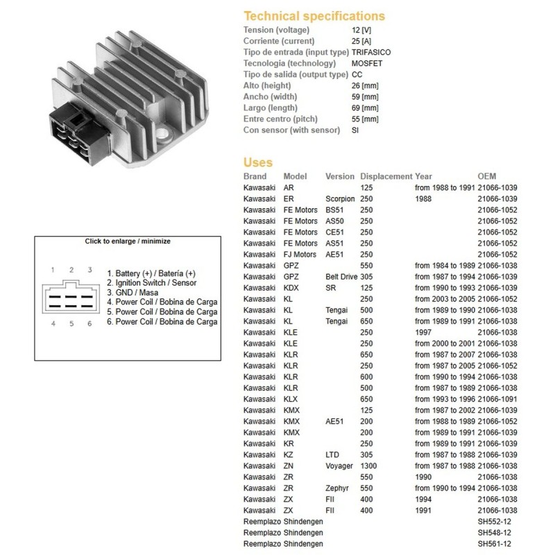 Regulator napięcia Kawasaki KDX 125 '90-'93; KLE 250; KL 500/650 '89-'91; KMX 125/200 '87-'02; KLX 650 '93-'96