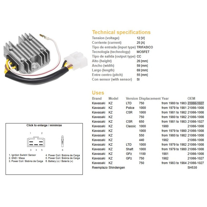 Regulator napięcia Kawasaki KZ 550/650/750/1000 - ESR370, SH530-12K, 21066-1008, RGU-406