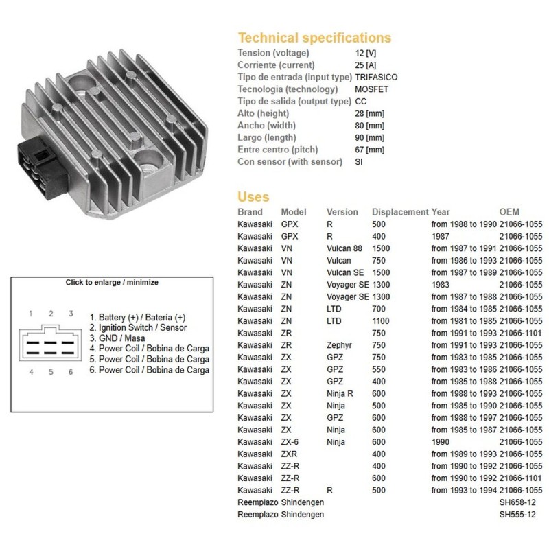 Regulator napięcia Kawasaki VN 750/1500, ZN 700/1100, ZR 750 '91-'93, ZX 400/550/600, ZZ-R 400/500/600