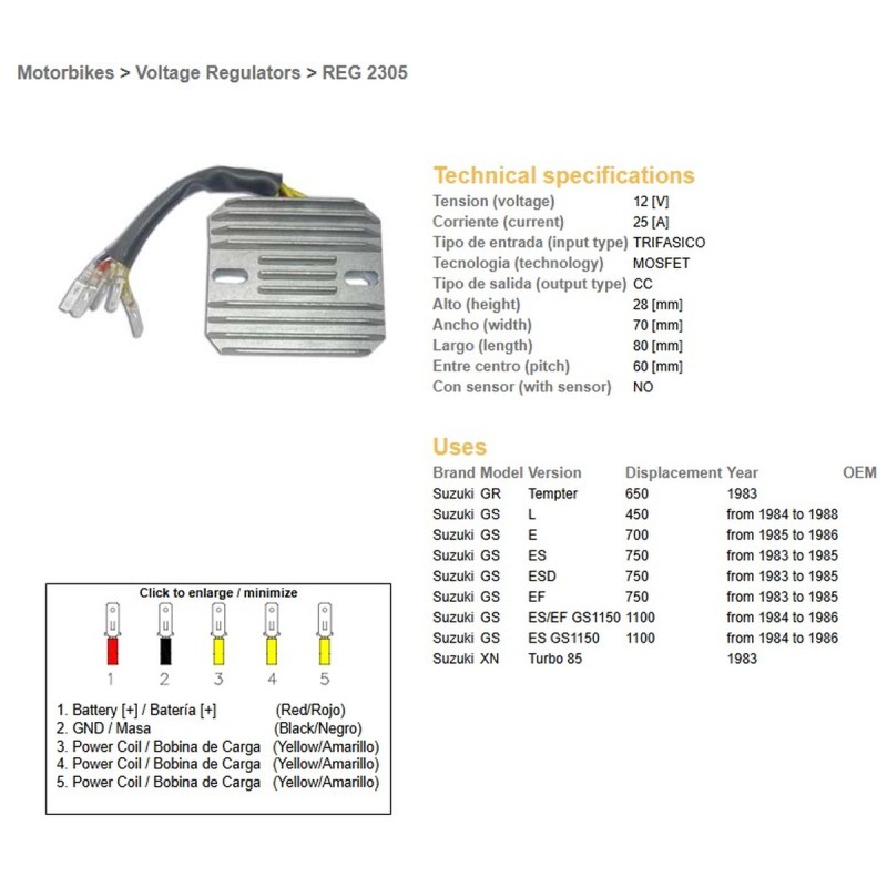 Regulator napięcia Suzuki GS 450L '84-'88, GS 700E '85-'86, GS 750ES/EF/ESD '83-'85, GS 1100ES/EF '84-'86, GR 650 TE