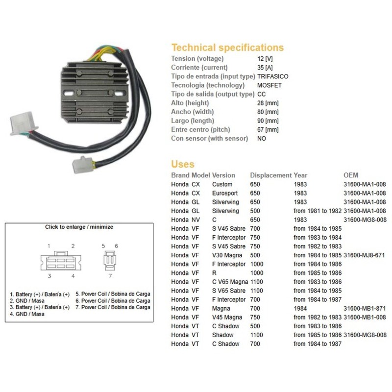 Regulator napięcia do Honda CX 650, GL 650, VF 700S, VF 750F/S/C, VF 1000/1100R/F/C