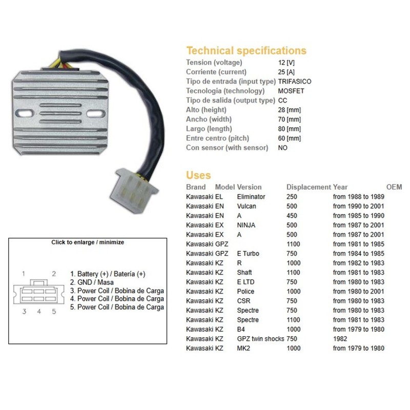 Regulator napięcia Kawasaki EL 250 '88-'89, EN 450A '85-'90, EX 500A '87-'01, GPZ 750E '84-'85, GPZ 1100 '81-'85