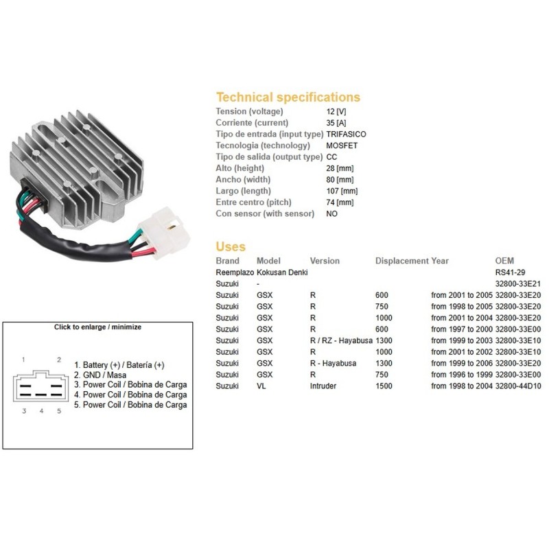 Regulator napięcia do Suzuki GSX 600R, GSX 750R, GSX 1000R, GSX 1300R Hayabusa, VL 1500
