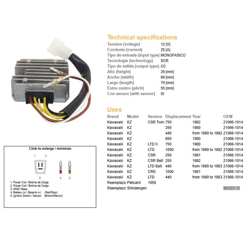 Regulator napięcia Kawasaki KZ 250 '80; KZ 440LTD '80-'83; KZ 650/750 '80; KZ 1000LTD '80-'83 (SH222-12)