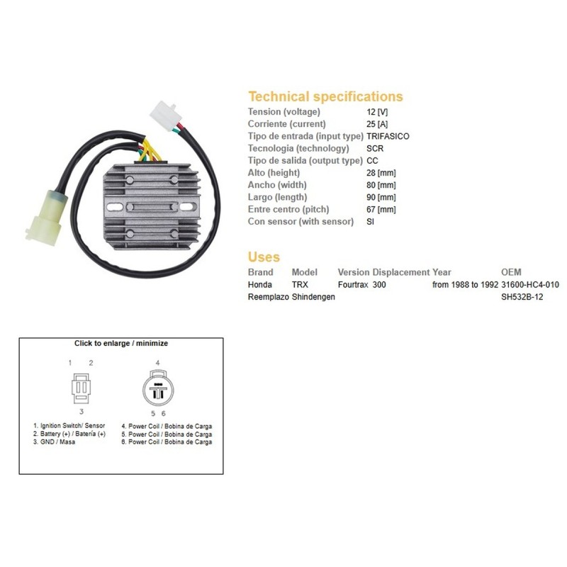 Regulator napięcia Honda TRX 300 Fourtrax '88-'92 (SH532B-12) (31600-HC4-010) (ESR125)