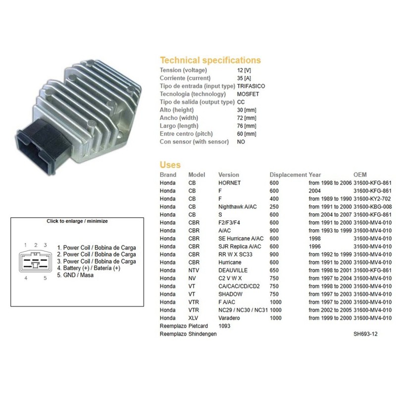 Regulator napięcia do motocykli Honda CB 250 Nighthawk, CB 600F Hornet, CBR 600F2/F3/F4, CBR 900RR