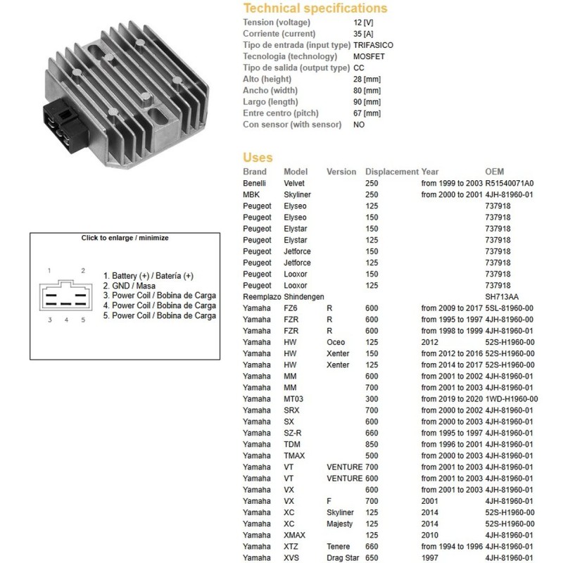 Regulator napięcia do Yamahy FZ6, FZR 600R, SRX 700, TDM 850, TMAX 500, VT 70