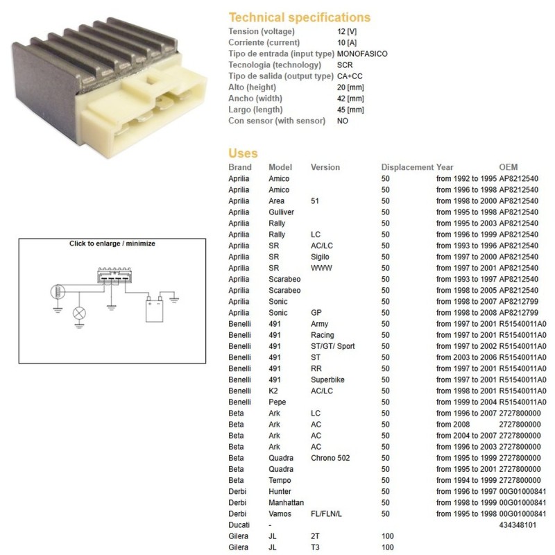 Regulator napięcia do motocykli Aprilia, Benelli, Beta, Derbi, Gilera, KTM, Kawasaki, Malaguti, Suzuki, Yamaha