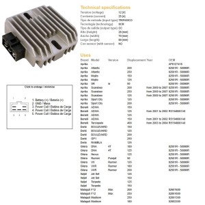 Regulator napięcia Aprilia SR 50, Benelli, Derbi, Gilera, Italjet, Piaggio X9 125/180/200/250