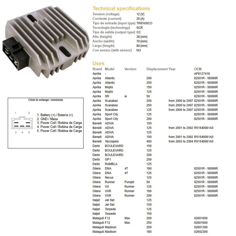 Regulator napięcia Aprilia SR 50, Benelli, Derbi, Gilera, Italjet, Piaggio X9 125/180/200/250