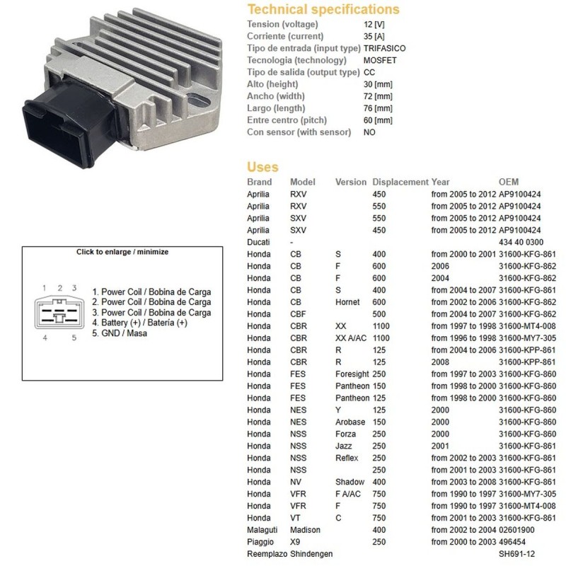 Regulator napięcia Honda CB 600F '02-'06, CBF 500 '04-'07, CBR 1100XX '96-'98, FES 125/150/250 '97-'03, NES 125/150
