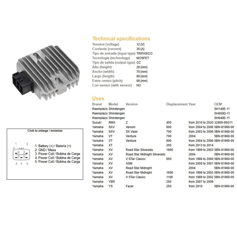Regulator napięcia Yamaha XT 250 '13-'14, YBR 250 '07-'09, XV 650 Drag Star '98-'00, XV 1600 Road Star '99-03