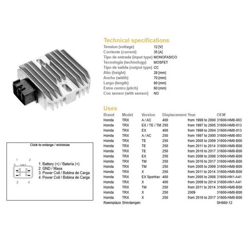 Regulator napięcia Honda TRX 400EX Sportrax '99-'04; TRX 250 Recon '97-'11