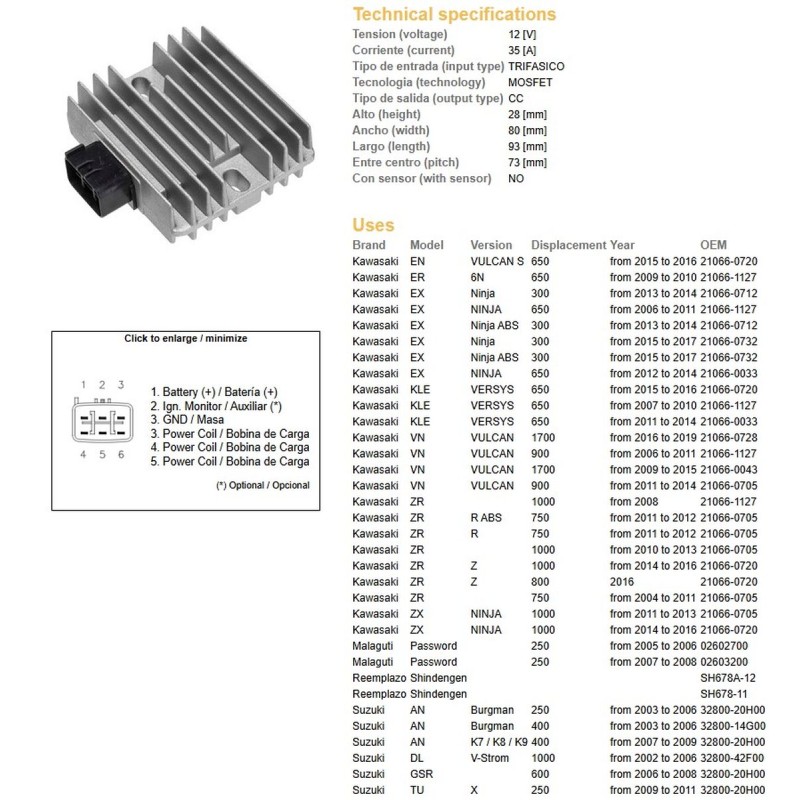 Regulator napięcia Kawasaki EX 300/650 Ninja '06-'17; KLE 650 Versys '07-'16; VN 900/1700 '06-'19; ZR 750/800/1000 '0