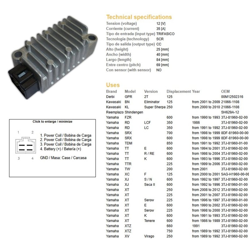 Regulator napięcia Yamaha XT 225 Serow '98-'03; XT 250 '08-'12; XT 600E/K '91-'02; XT 600Z Tenere '86-'89; XTZ 750 S