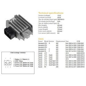 Regulator napięcia Kawasaki KX 250F '11-'12; KX 450F '09-'11; KFX 400 '03-'06; KFX 450R '08-'13; Suzuki LT-F 250 OZA