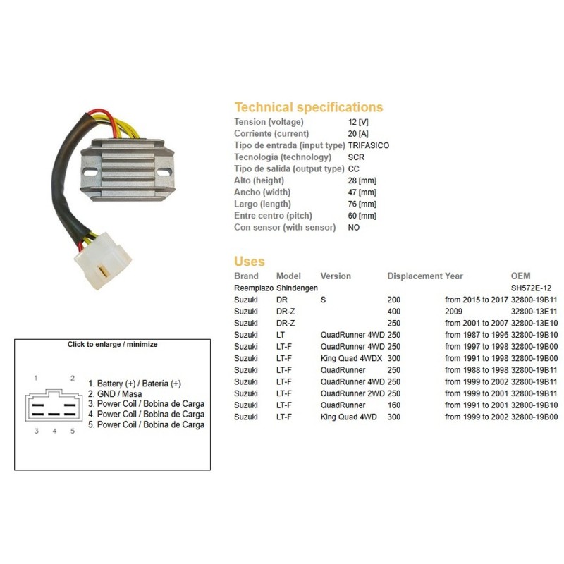 Regulator napięcia do Suzuki LT-F 160, LT-F 250 Quadrunner, LT-F 300 King Quad, DR-Z 250