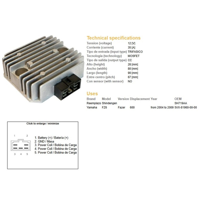 Regulator napięcia Yamaha FZ6 '04-'09; Fazer 600 '04-'09 (ESR269) (5VX-81960-00-00)