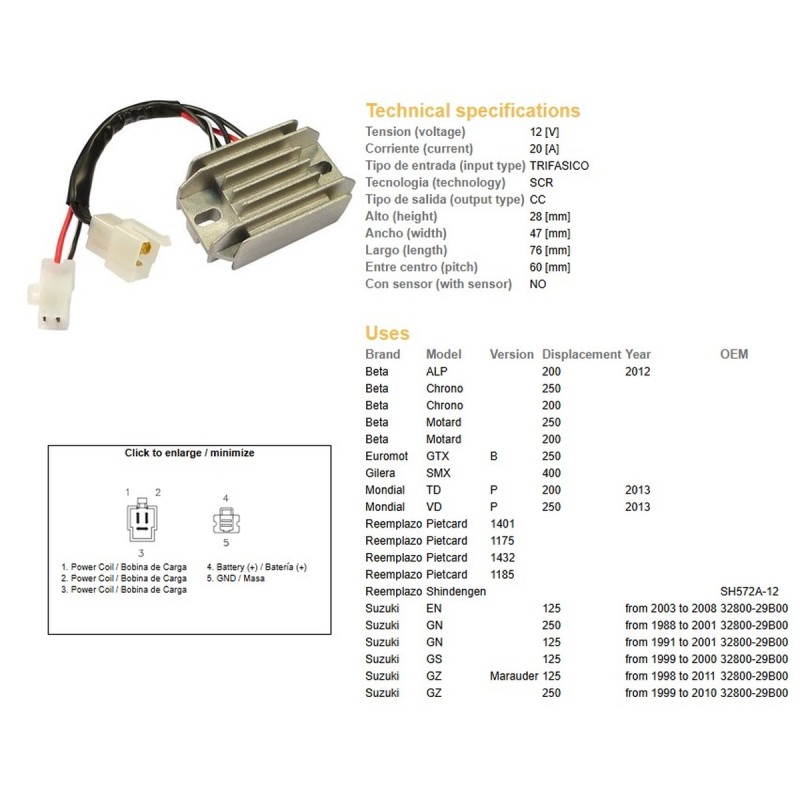 Regulator napięcia do Suzuki GN 125, GN 250, GS 125, EN 125, BETA (ESR142)