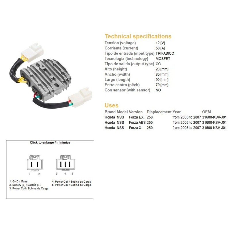 Regulator napięcia Honda NSS 250 Forza '05-'07 OEM 31600-KSV-J01 MOSFET (50A)