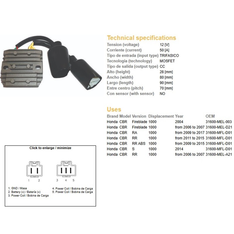 Regulator napięcia Honda CBR 1000RR Fireblade '04-'15 (50A) - Sklep Moto