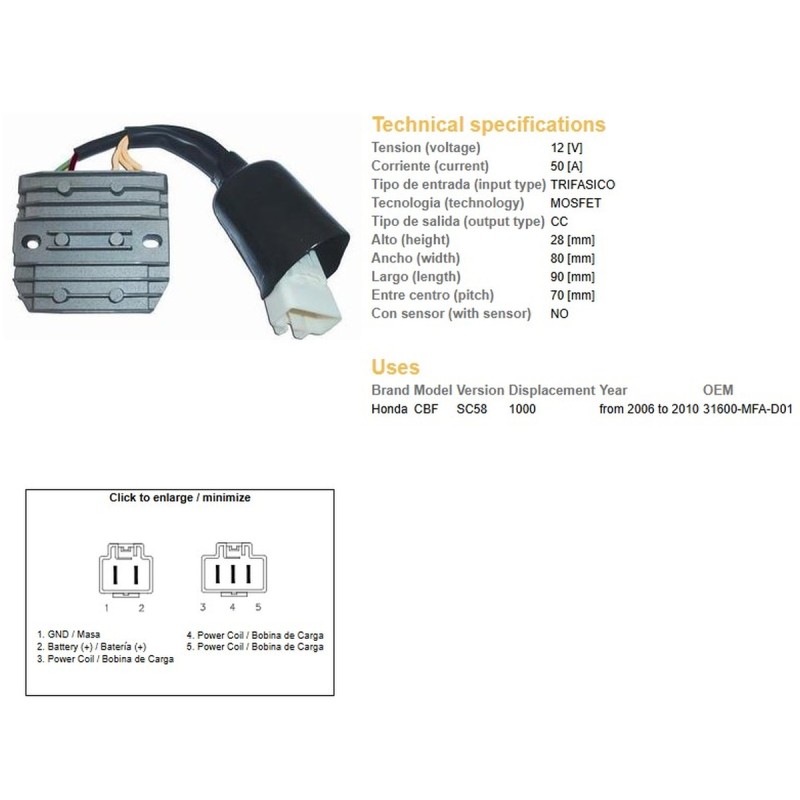 Regulator napięcia Honda CBF 1000 '06-'10 (SC58) MOSFET (50A)