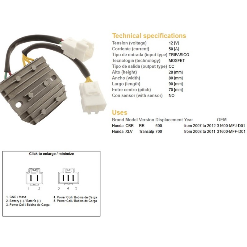 Regulator napięcia Honda CBR 600RR '07-'12; XL 700V Transalp '08-'11 (50A)