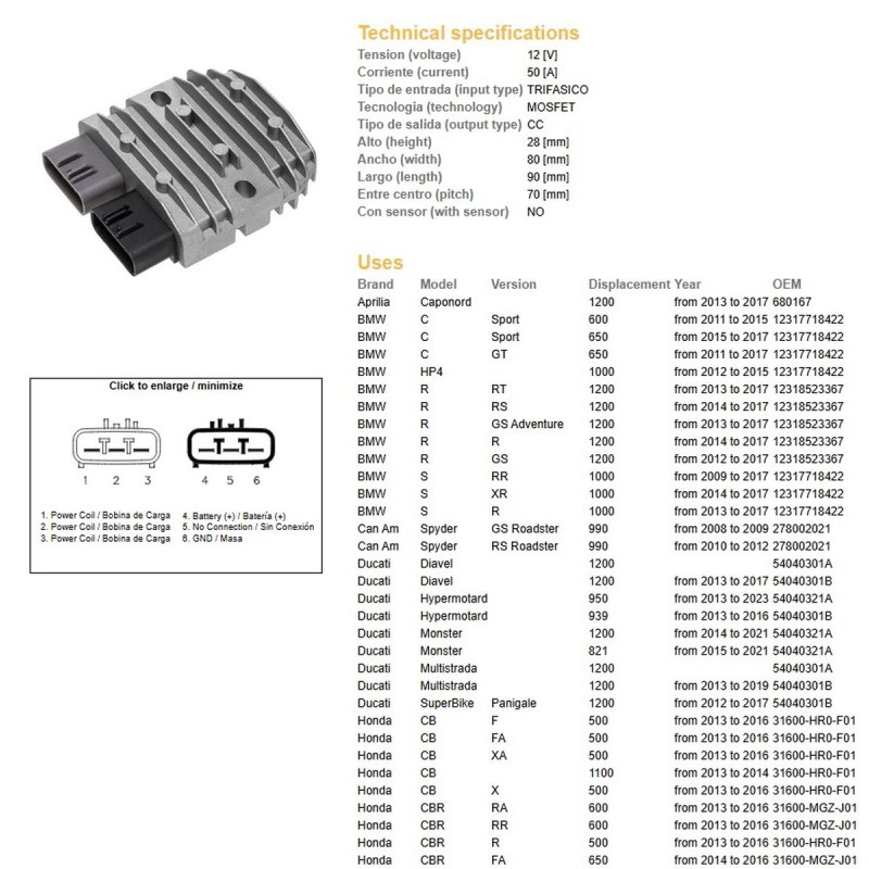 Regulator napięcia motocyklowy DZE 50A - Aprilia, BMW, Can Am, Ducati, Honda, Kawasaki, Suzuki, Triumph, Yamaha